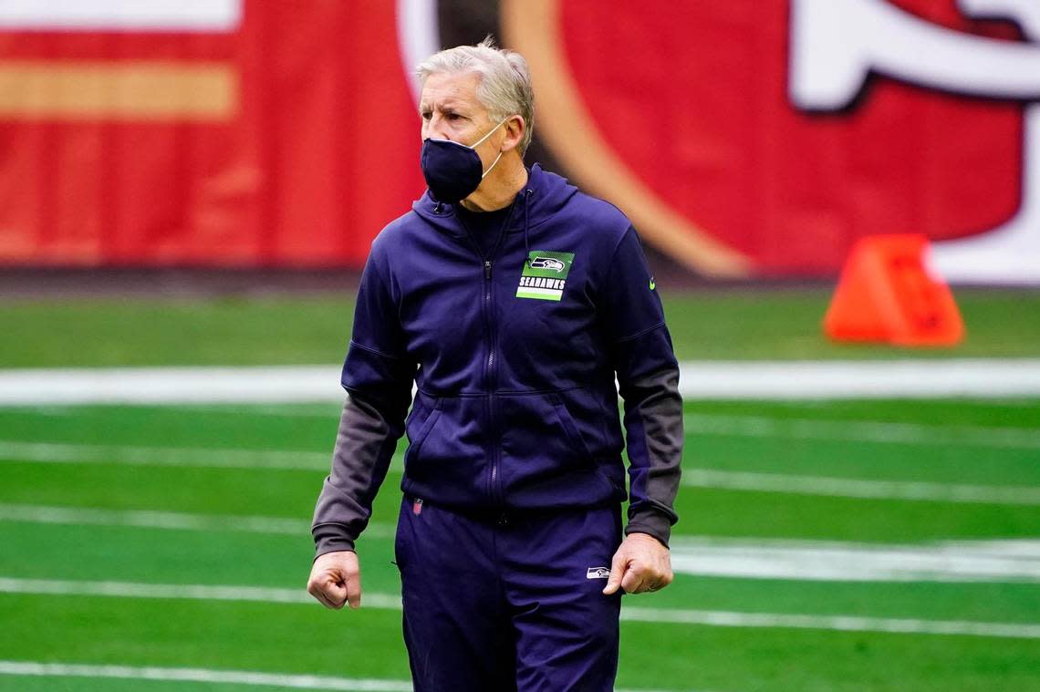 Seattle Seahawks head coach Pete Carroll prior to an NFL football game against the San Francisco 49ers, Sunday, Jan. 3, 2021, in Glendale, Ariz. (AP Photo/Rick Scuteri)