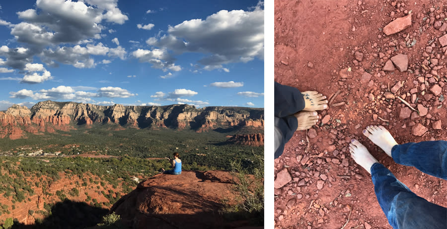 Left, from the lookout at the top of the Brewer Trail in Sedona, Ariz. At right, the feet of the author and Cacciatore, mid-hike. (Photo: Joanne Cacciatore)