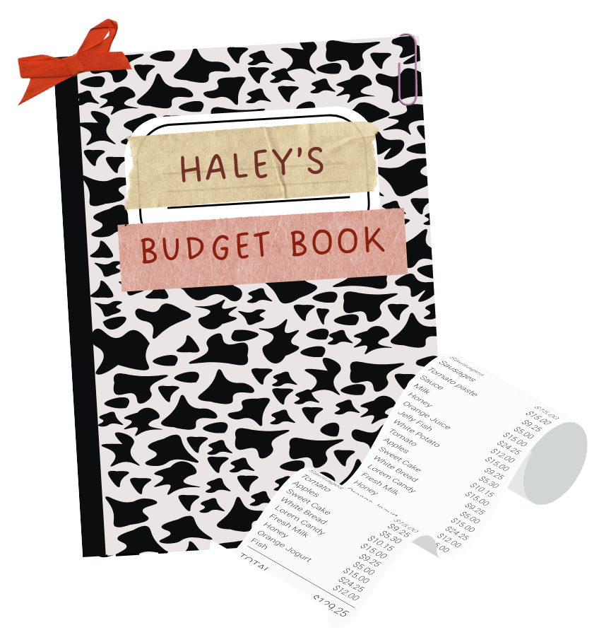 A patterned budget book titled "HALEY'S BUDGET BOOK" with pages showing detailed financial plans