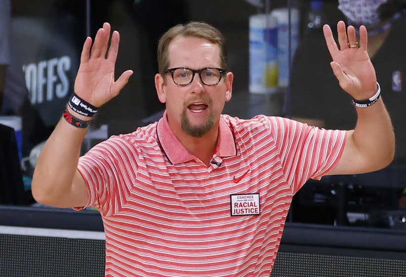 Toronto Raptors coach Nick Nurse gestures during Game 1 of the team's NBA basketball first-round playoff series.