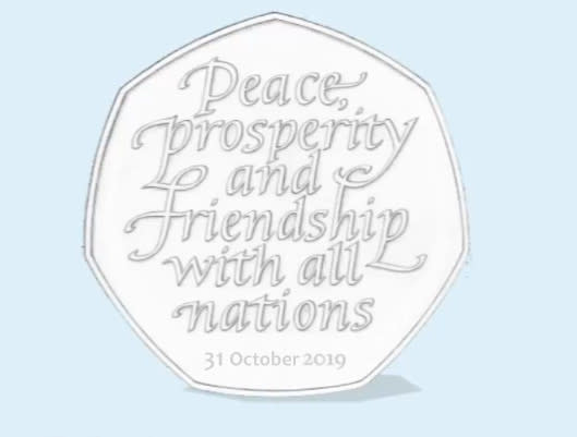 A mock up of the commemorative Brexit 50p coin (with the old Brexit date on it). Photo: HM Treasury