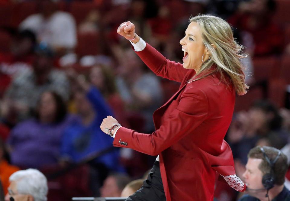 Oklahoma head women's basketball coach Jennie Baranczyk celebrates during the women's Bedlam basketball game between the Oklahoma State Cowgirls and the Oklahoma Sooners at Lloyd Noble Center in Norman, Okla., Saturday, Feb. 24, 2024.