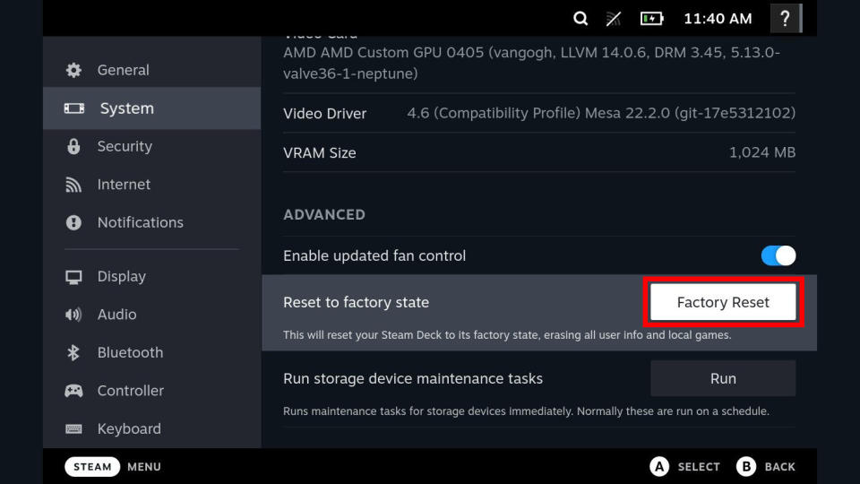 Steam Deck Factory Reset button.