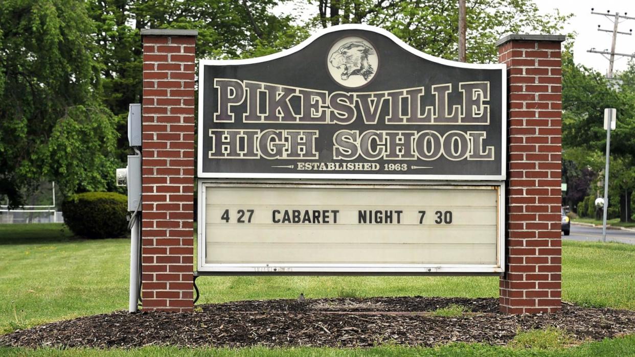 PHOTO: In this Jan. 30, 2024, file photo, the sign for Pikesville High School is shown in Pikesville, Maryland. (Lloyd Fox/The Baltimore Sun via TNS via Getty Images, FILE)