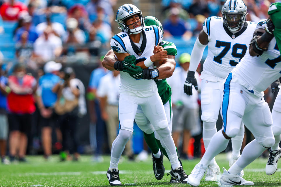 Carolina Panthers rookie QB Bryce Young was under siege in his first preseason game as his offensive line didn't do him any favors. (Photo by David Jensen/Icon Sportswire via Getty Images)