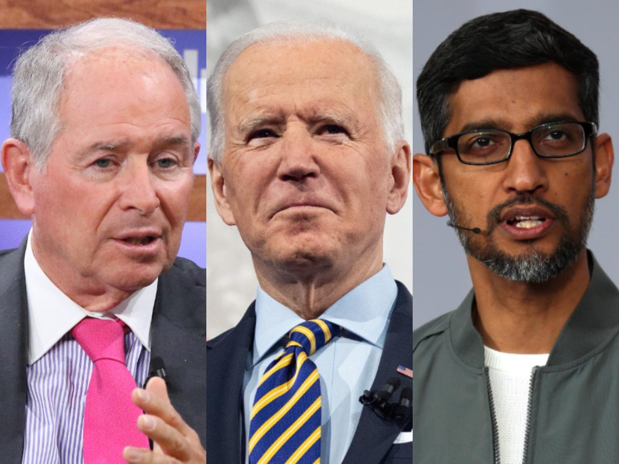 Blackstone CEO Stephen Schwarzman, President Joe Biden, Google CEO Sundar Pichai