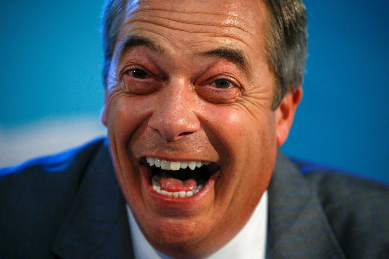 Brexit Party leader Nigel Farage speaks during a Brexit Party news conference in London, Britain August 27, 2019.  REUTERS/Henry Nicholls