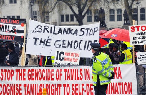 <span class="caption">Protests in London in 2009.</span> <span class="attribution"><a class="link " href="https://www.shutterstock.com/image-photo/london-april-10-tamil-protesters-demonstrate-28423291?src=OG_UCvjhjgRbyFNybctMkA-1-3" rel="nofollow noopener" target="_blank" data-ylk="slk:Shutterstock/Daniel Gale;elm:context_link;itc:0;sec:content-canvas">Shutterstock/Daniel Gale</a></span>