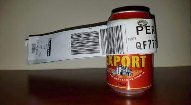 This tinny made the flight between Melbourne and Perth last month as the sole piece of check-in baggage for one passenger. Picture: AAP