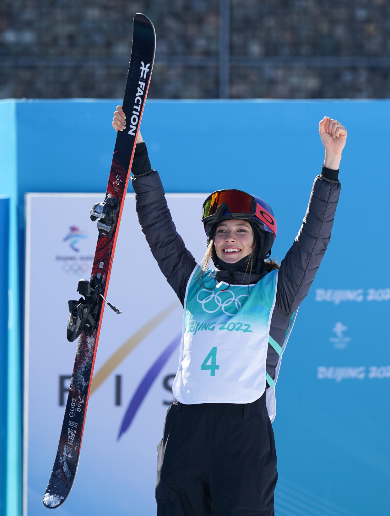 China's Eileen Gu celebrates winning gold during the freeski big air final at the Beijing 2022 Winter Olympic Games at Big Air Shougang in China on Tuesday February 8, 2022. (Andrew Milligan/PA Images via Getty Images)