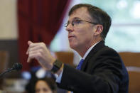 Steve Brody, one of the attorneys for Johnson & Johnson, speaks during a hearing to settle disagreements between Johnson & Johnson and the State over Judge Thad Balkman's final judgement in the opioid lawsuit, Tuesday, Oct. 15, 2019 in Norman, Okla. (AP Photo/Sue Ogrocki)