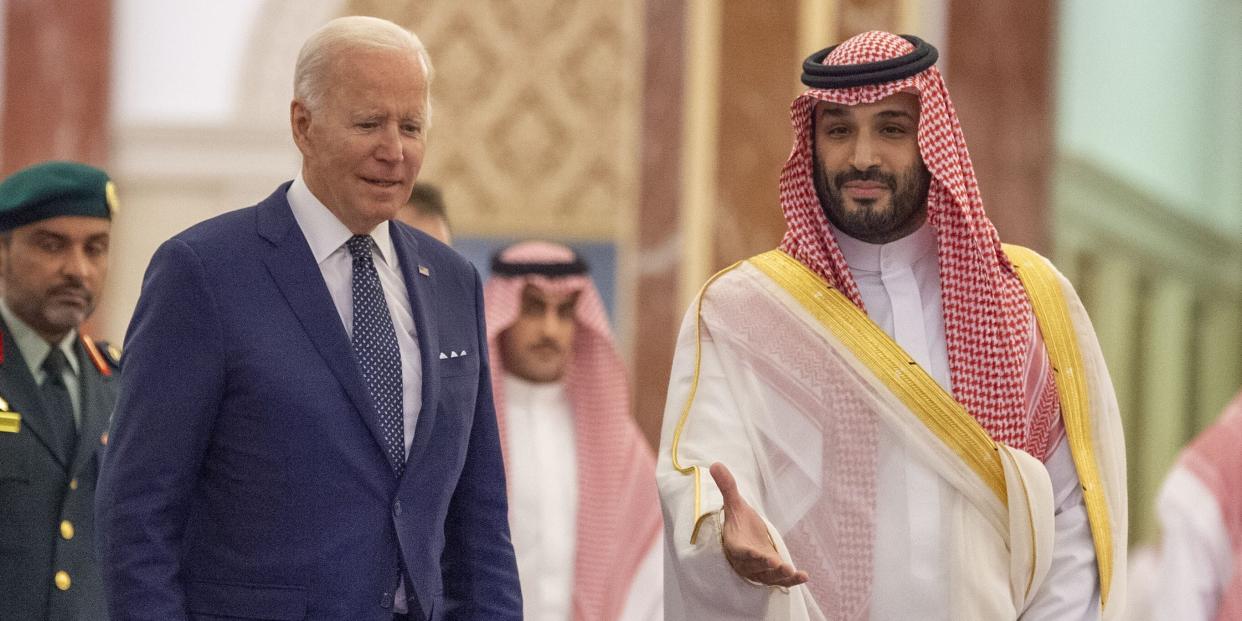 US President Joe Biden and Saudi Arabian Crown Prince Mohammed bin Salman at Alsalam Royal Palace in Jeddah, Saudi Arabia on July 15, 2022.
