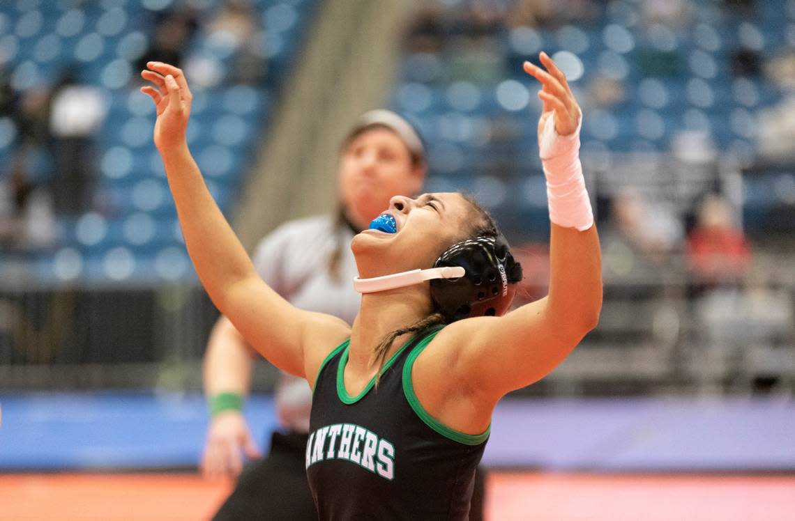 Derby sophomore Amara Ehsa became the first girl state champion in the Panthers’ wrestling program.