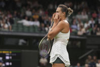 Aryna Sabalenka of Belarus reacts during the first round women's singles match against Hungary's Panna Udvardy on day two of the Wimbledon tennis championships in London, Tuesday, July 4, 2023. (AP Photo/Alberto Pezzali)