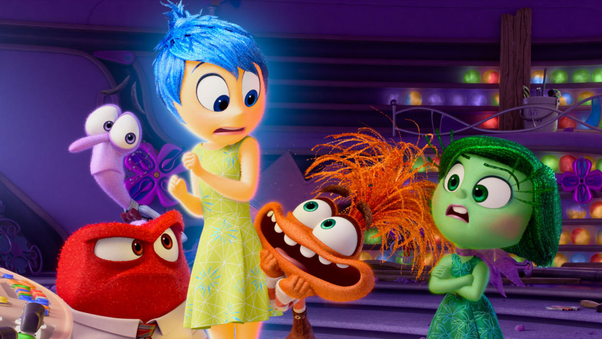 Animated characters including Anxiety are shown in a scene from the movie.