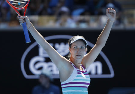 Tennis - Australian Open - Fourth Round - Melbourne Park, Melbourne, Australia, January 20, 2019. Danielle Collins of the U.S. celebrates winning the match against Germany's Angelique Kerber. REUTERS/Aly Song