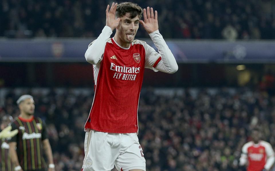 Arsenal's Kai Havertz celebrates first goal during the UEFA Champions League match between Arsenal FC and RC Lens at Emirates Stadium