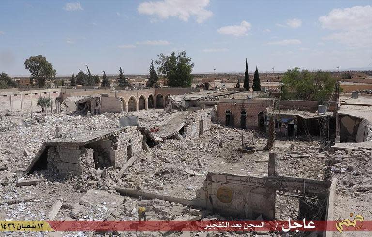 An image made available by Jihadist media outlet Welayat Homs on May 30, 2015, allegedly shows the Tadmur prison in the Syrian city of Palmyra after it was blown up by Islamic State group jihadists