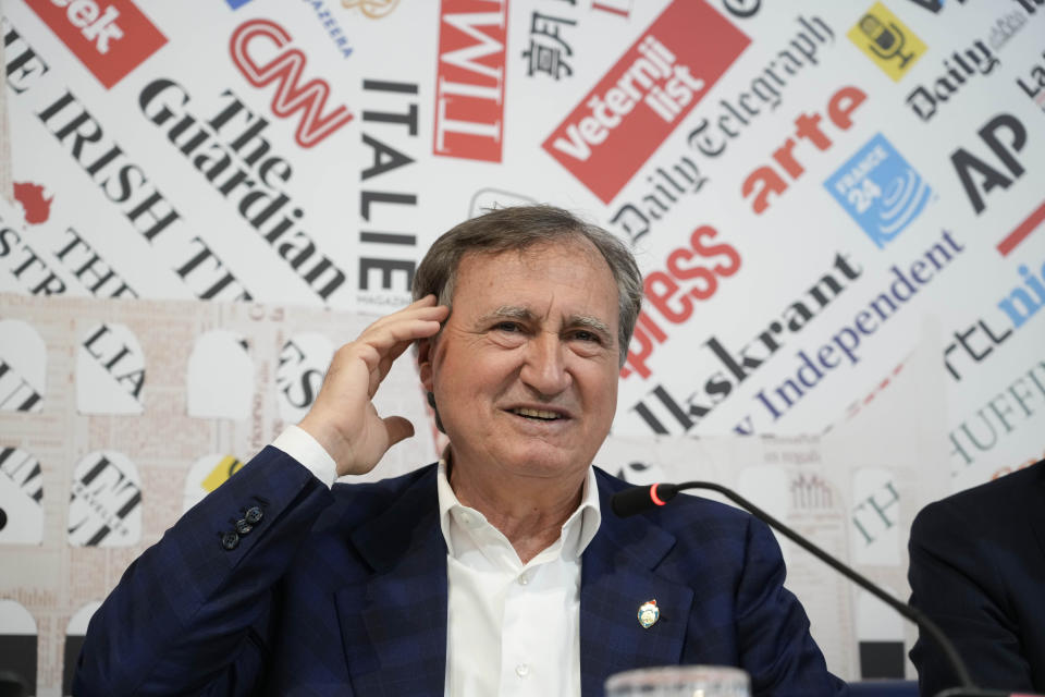 Luigi Brugnaro, mayor of Venice, talks during a press conference in Rome, Thursday, April 4, 2024. Day-trippers to the lagoon city who fail to pay 5 euros ($5.43) to enter the lagoon city's historic center during a limited-date pilot program launching later this month will face fines starting at five times the entrance fee, the city's mayor said Thursday. (AP Photo/Alessandra Tarantino)