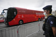 The Bahrain Victorious team bus is parked prior to the eighteenth stage of the Tour de France cycling race over 129.7 kilometers (80.6 miles) with start in Pau and finish in Luz Ardiden, France,Thursday, July 15, 2021. The Bahrain Victorious team competing at the Tour de France says it was raided by French police on the eve of Thursday's stage. (AP Photo/Christophe Ena)