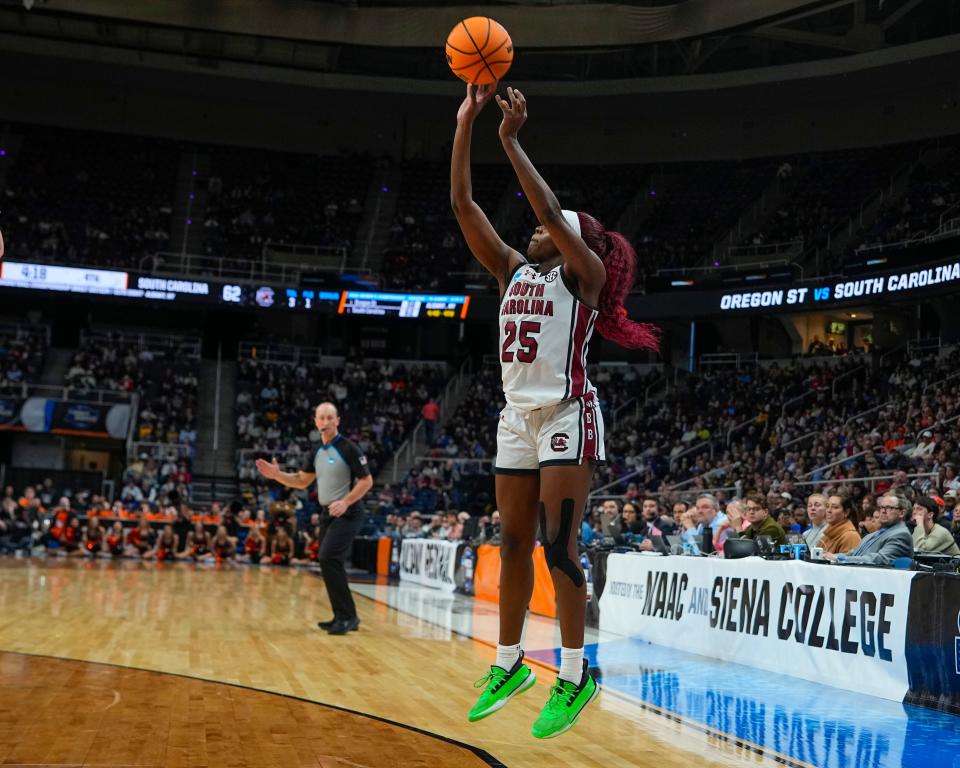 South Carolina guard Raven Johnson, shown in the Elite Eight win over Oregon State, used a snub by Caitlin Clark in last year's Final Four to become a better player. Mandatory Credit: Gregory Fisher-USA TODAY Sports