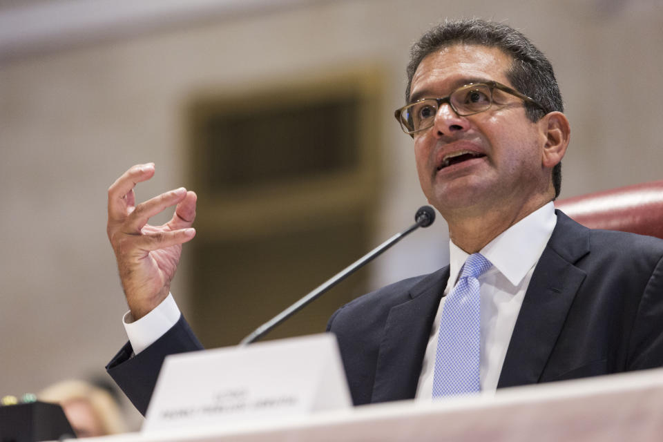 Proposed Secretary of State Pedro Pierluisi speaks during his confirmation hearing at the House of Representatives, in San Juan, Puerto Rico, Friday, August 2, 2019. As Gov. Ricardo Rossello is expected to leave office in a few hours, the Puerto Rican House of Representatives is expected to vote on Pierluisi's confirmation Friday afternoon. If he is rejected, Justice Secretary Wanda Vazquez automatically becomes governor as the next in the order of succession, even though she has said she would unwillingly accept the job. (AP Photo/Dennis M. Rivera Pichardo)