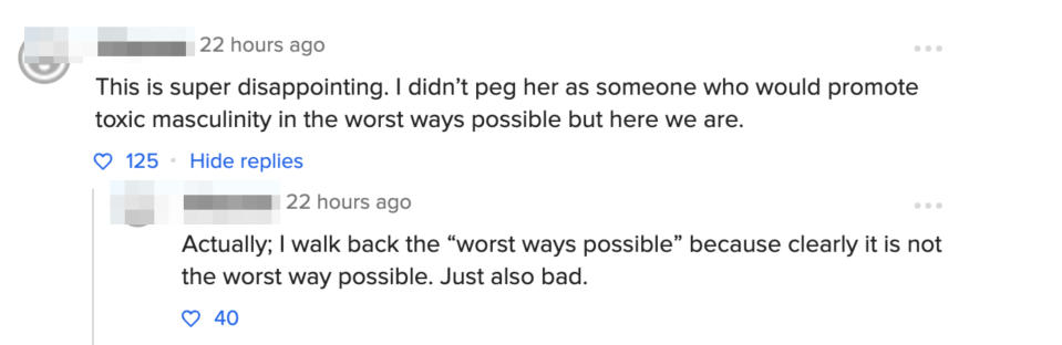 Two comments on a social media post critical of someone endorsing toxic masculinity, with one commenter slightly retracting their statement