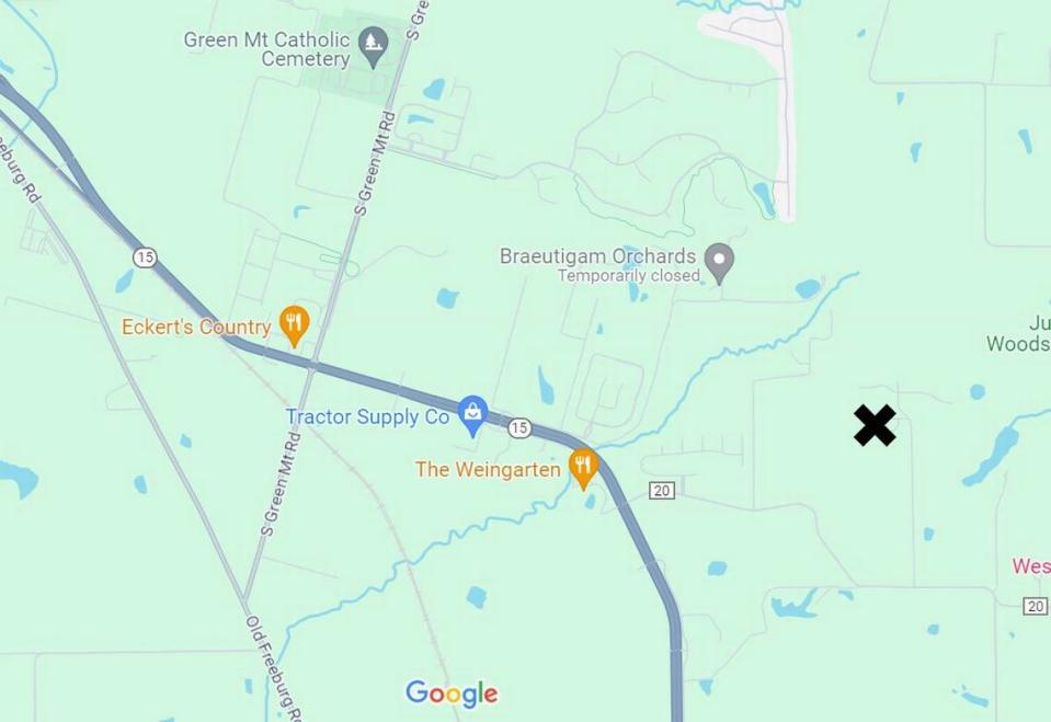 An X marks the location of St. Clair Associated Vocational Enterprises (SAVE) property between Belleville and Freeburg. It includes a residential area that was recently vacated, as well as several buildings used to provide jobs for adults with developmental disabilities.