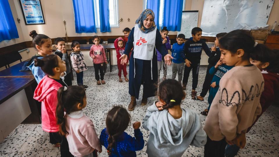 PHOTO: Médecins Sans Frontières/Doctors Without Borders (MSF) psychologist Marwa Abu Al Nour holds a session for children at Martyrs Clinic in southern Gaza in 2023. (MSF)