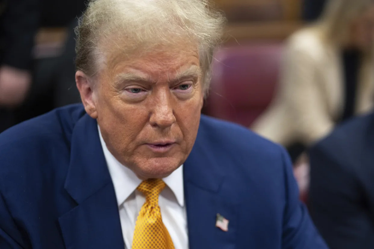 Former President Donald Trump appears at Manhattan criminal court before his trial in New York, Thursday, May 2, 2024. (Jeenah Moon/Pool Photo via AP)