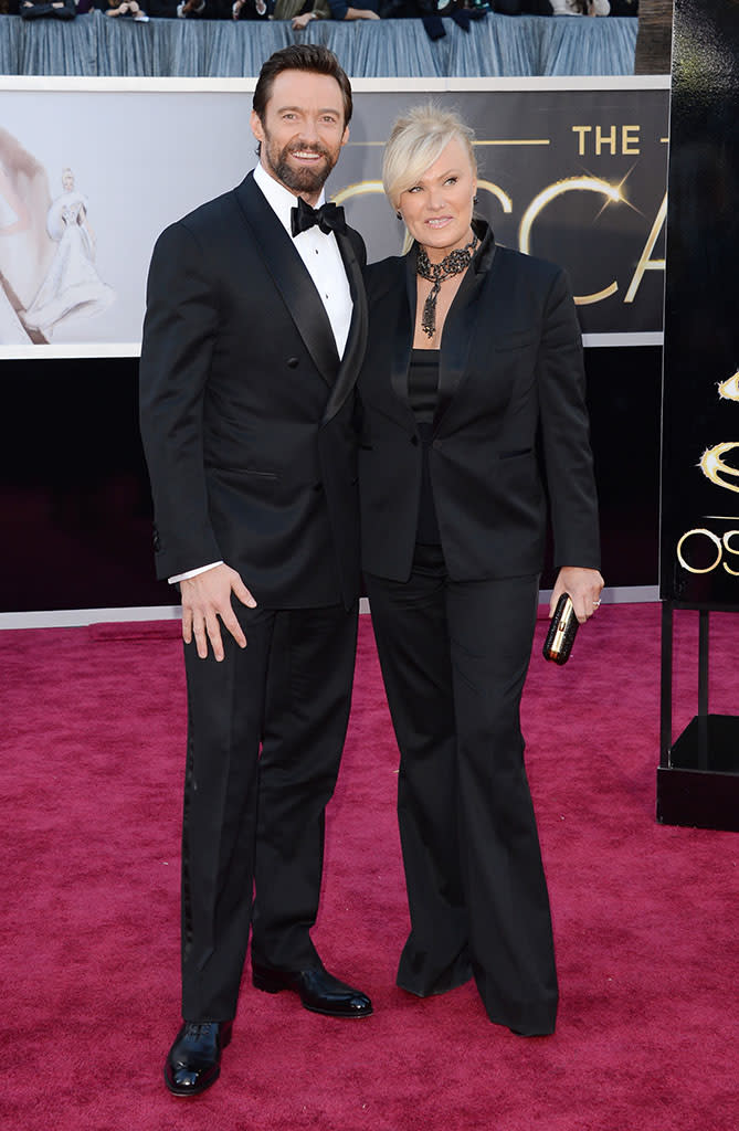 Hugh Jackman and Deborra-Lee Furness arrive at the Oscars in Hollywood, California, on February 24, 2013.