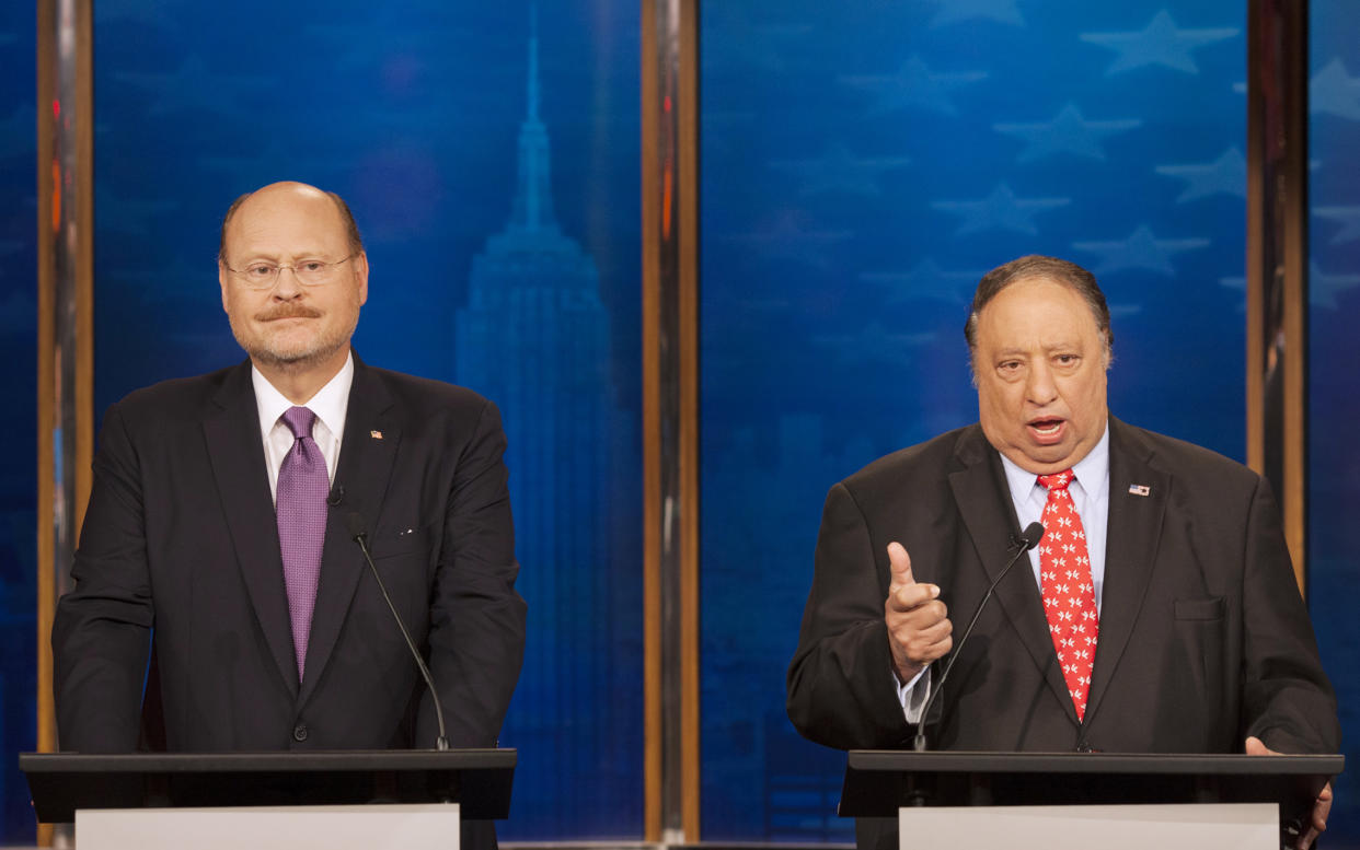 Republican candidates for mayor of New York Joe Lhota, left, and John Catsimatidis participate in a debate, Sunday, Sept. 8, 2013 in New York. The primary is Tuesday, Sept. 10 and the general election is Nov. 5. (AP Photo/Wall Street Journal, Andrew Hinderaker, Pool)