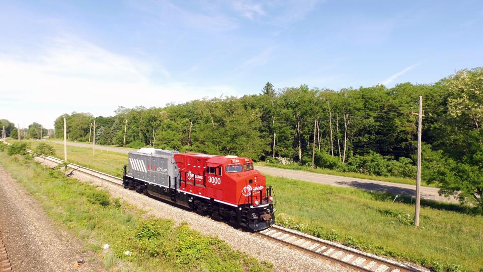 This is an undated contributed photo of a Wabtec FLXDrive locomotive, designed and built in Erie, shown on the test track near the plant.