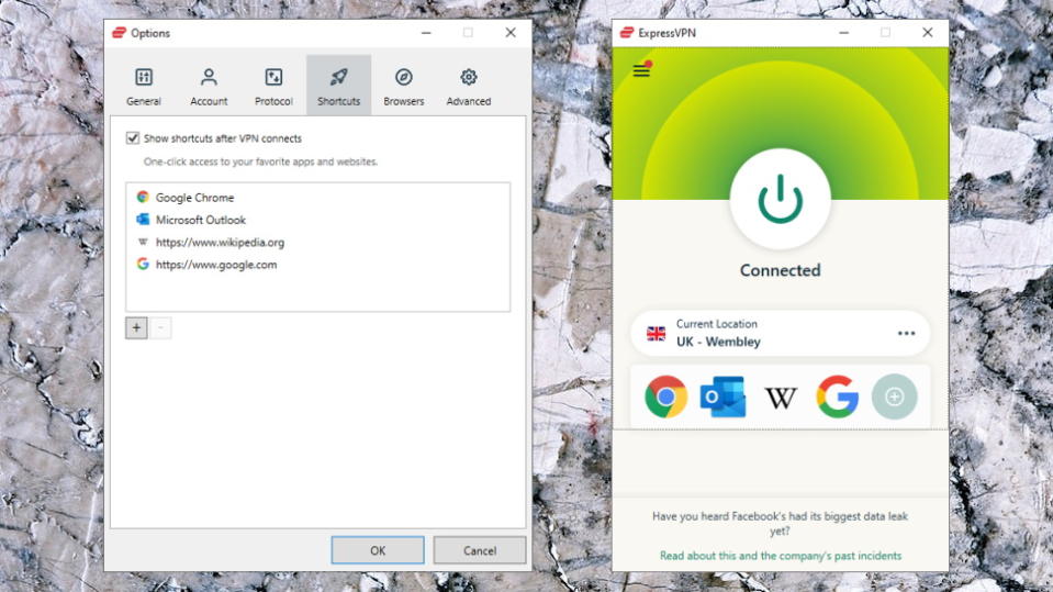 Screenshot of ExpressVPN's shortcuts