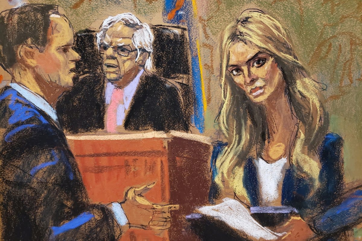 A courtroom sketch depicts Ivanka Trump, right, on the witness stand on 8 November during a fraud trial targeting her father’s business empire (Reuters)