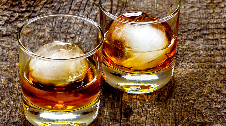 Whiskey glasses with large ice balls