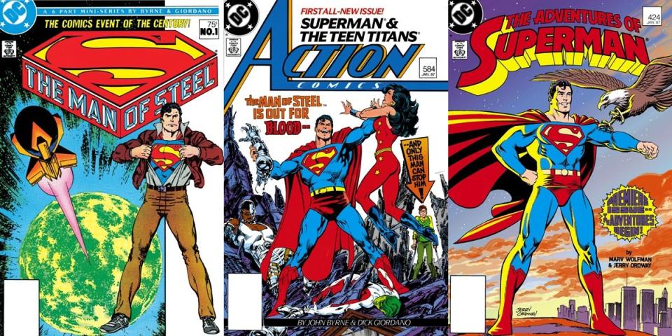 The post-Crisis era Superman covers, by artists John Byrne and Jerry Ordway.