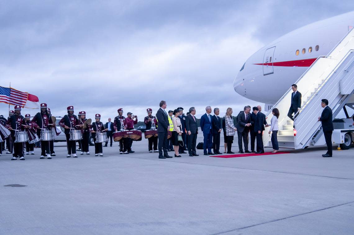 Japanese Prime Minister Fumio Kishida greets North Carolina Governor Roy Cooper at Raleigh-Durham International Airport on April 11, 2024. Paul Barker
