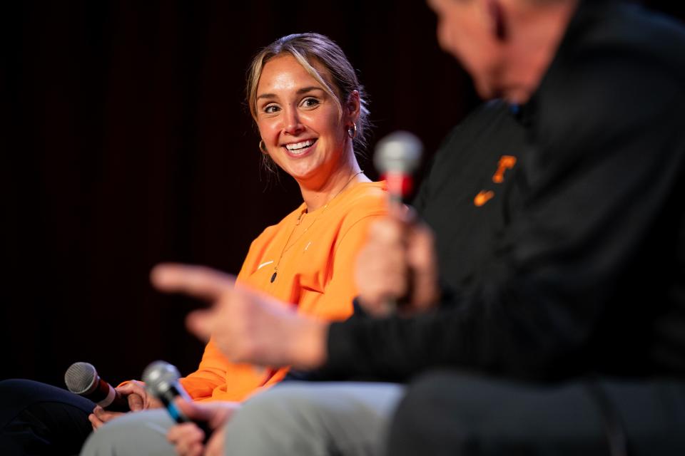 Lady Vols coach Kim Caldwell speaks during the Big Orange Caravan event at Marathon Music Works in Nashville, Tenn., Tuesday, April 30, 2024.