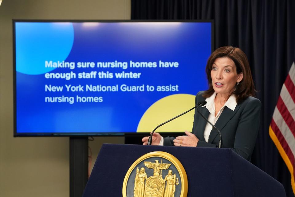 Gov. Kathy Hochul delivering a COVID-19 briefing Monday in New York City.