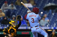 Philadelphia Phillies' Bryce Harper avoids a pitch from Pittsburgh Pirates' Anthony Banda during the fifth inning of a baseball game, Thursday, Sept. 23, 2021, in Philadelphia. (AP Photo/Matt Slocum)