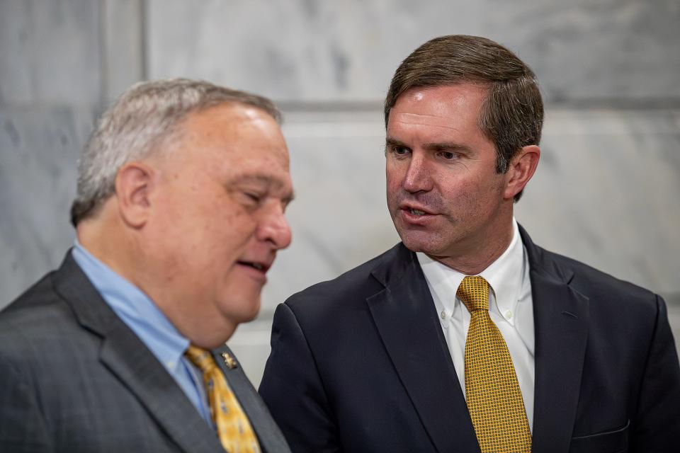 Kentucky Governor Andy Beshear talked with Senate President Robert Stivers in the Capitol rotunda on the first day of the 2024 Kentucky General Assembly in Frankfort, Ky. Jan. 2, 2024