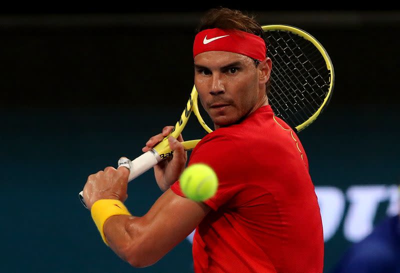 Rafael Nadal of Spain in action during his match against Pablo Cuevas of Uruguay during day 4 of the ATP Cup tennis tournament at RAC Arena in Perth, Monday, January 6, 2020