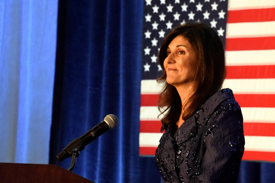 Former U.N. Ambassador Nikki Haley, a potential 2024 presidential contender and former South Carolina governor, speaks at a fundraiser hosted by The Citadel Republican Society after receiving the group's highest honor, the Nathan Hale Patriot Award, on Thursday, Dec. 2, 2021, in Charleston, S.C. (AP Photo/Meg Kinnard)