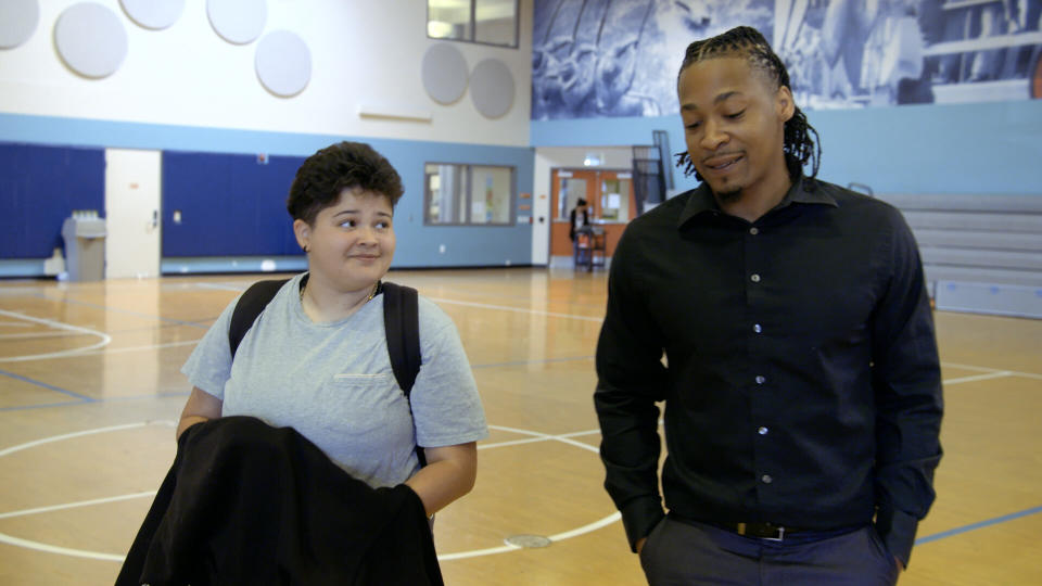 Inside Monarch School in San Diego, CA, the only public K-12 school in the US dedicated to homeless students, internship coordinator Michael Gaulden and high school senior Athina Reyes, discuss possible work opportunities.
