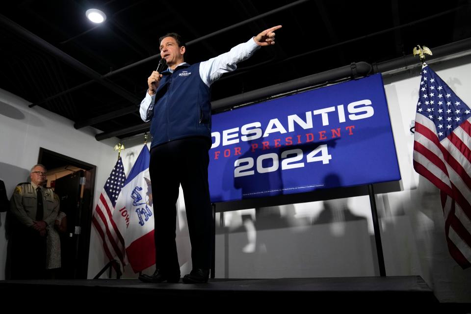 Republican presidential candidate Florida Gov. Ron DeSantis speaks during a meet and greet at the Hotel Charitone, Thursday, July 27, 2023, in Chariton, Iowa. (AP Photo/Charlie Neibergall)