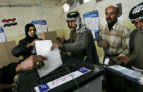 Voters place ballots into sealed boxes on Election Day in the Sadr City neighborhood of Baghdad January 30, 2005 in Baghdad, Iraq. Iraq 's first multiparty elections in half a century began at 7am on Sunday. (Photo by Chris Hondros/Getty Images)