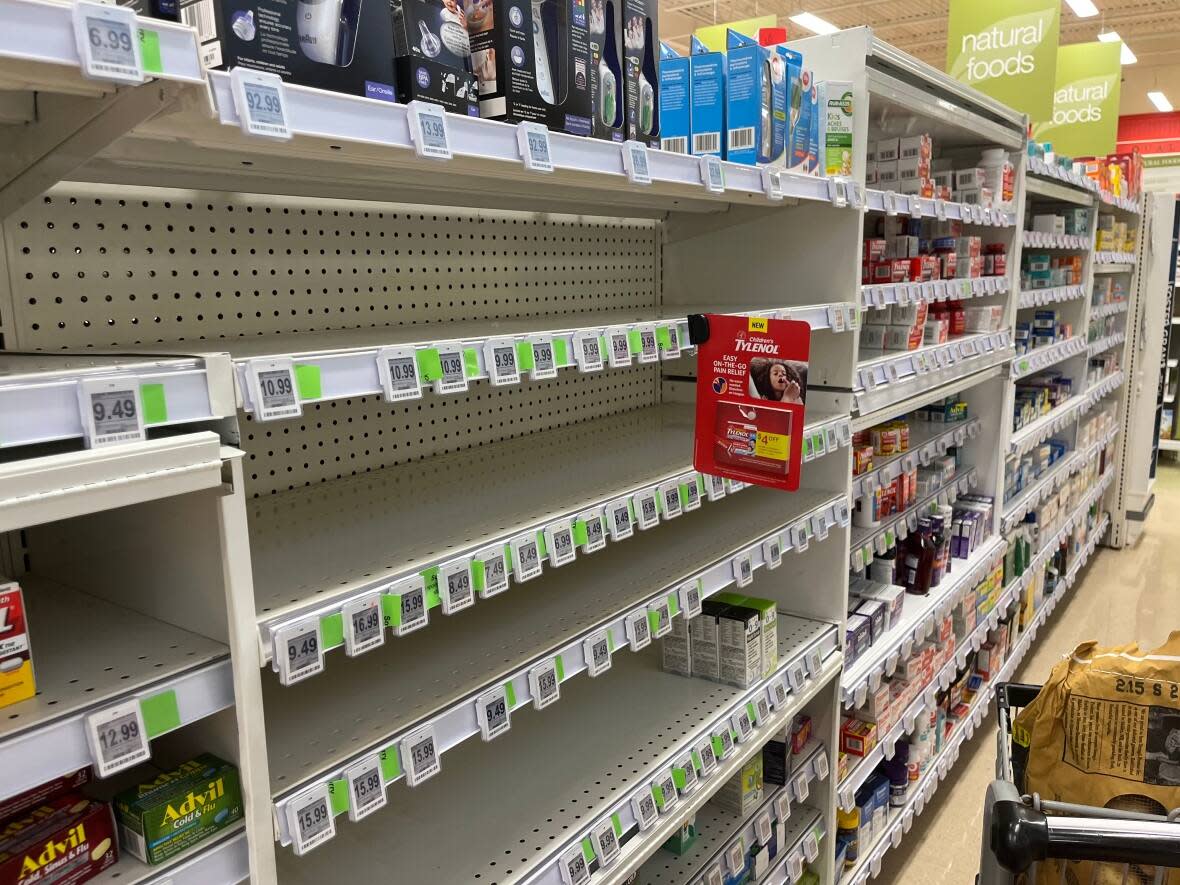 Empty shelves at a Summerside pharmacy, where liquid Tylenol is normally stocked.  (Brian Higgins/CBC - image credit)