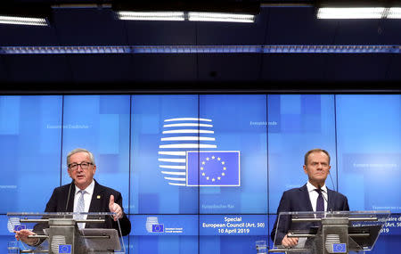 European Commission President Jean-Claude Juncker and European Council President Donald Tusk hold a news conference after an extraordinary European Union leaders summit to discuss Brexit, in Brussels, Belgium April 11, 2019. REUTERS/Yves Herman