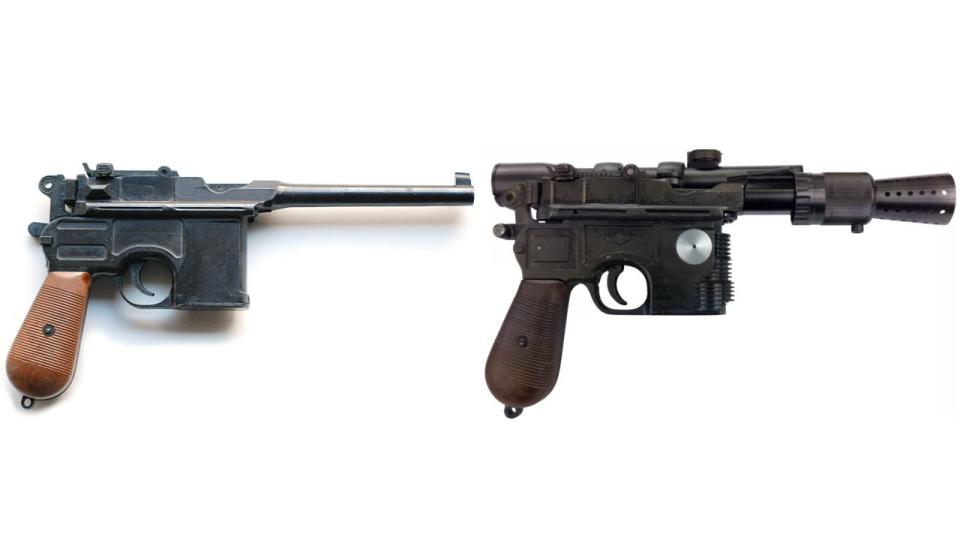 <p>Known to <em>Star Wars</em> fans as the DL-44, Han's <a href="https://www.popularmechanics.com/culture/movies/a29776178/han-shot-first-disney/" rel="nofollow noopener" target="_blank" data-ylk="slk:famous blaster;elm:context_link;itc:0;sec:content-canvas" class="link ">famous blaster</a> is actually based on a Mauser C96, a popular pistol in the mid-20th century and a personal favorite of Winston Churchill. </p><p><span>Check This Out: </span><a href="https://www.popularmechanics.com/culture/movies/news/g2486/how-6-of-star-wars-iconic-sounds-were-conceived/" rel="nofollow noopener" target="_blank" data-ylk="slk:How 6 of Star Wars' Iconic Sounds Were Conceived;elm:context_link;itc:0;sec:content-canvas" class="link "><strong>How 6 of <em>Star Wars'</em> Iconic Sounds Were Conceived</strong></a></p>